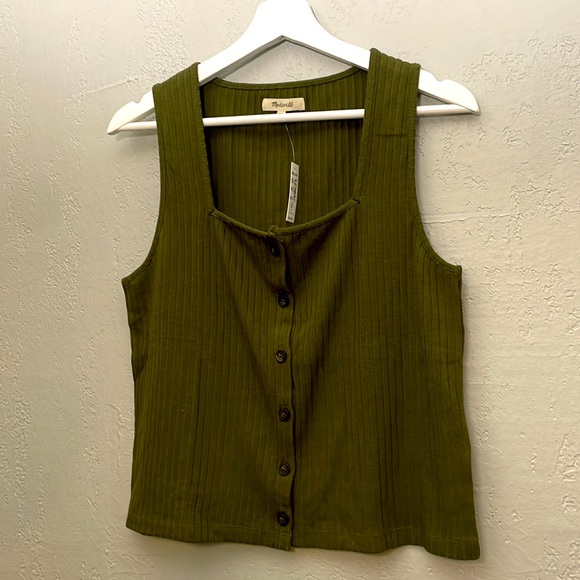 NWT Madewell Ribbed Button Front Crop Tank Olive Green - Picture 3 of 9
